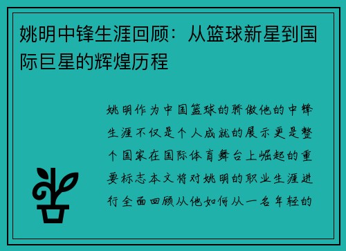 姚明中锋生涯回顾：从篮球新星到国际巨星的辉煌历程